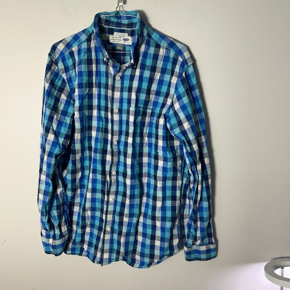 EUC Old Navy The Oxford Shirt Long Sleeve Stretch Slim Fit Blue Plaid Button Up